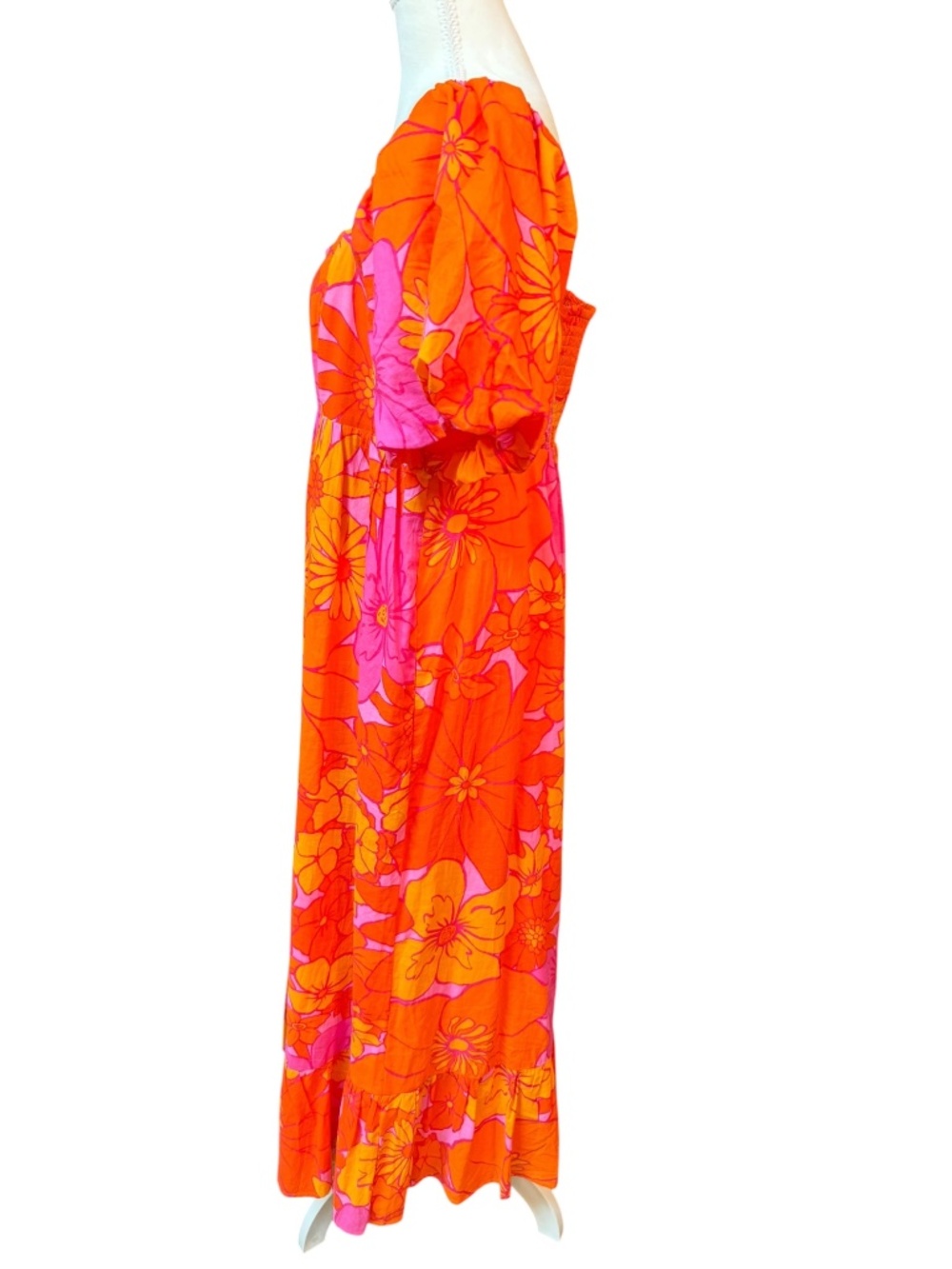 J. Marie Orange Pink Floral Puff Sleeve Midi Dress L NWT $150 - Picture 3 of 7